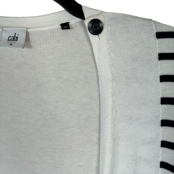 Cabi Duster Cardigan Open Sweater Women's Medium Navy Cream Striped Long Knit - Picture 3 of 13